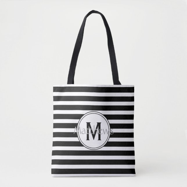 Monogramm Totbeutel aus schwarzem und weißem Strei Tasche (Vorderseite)