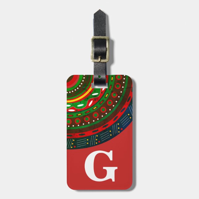 Monogramm, Tribal Inspiriert Muster, rot Gepäckanhänger (Vorderseite vertikal)
