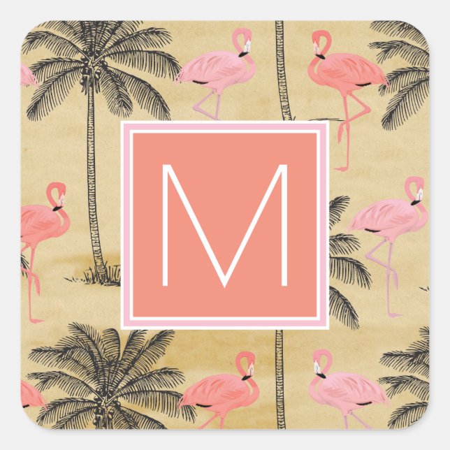 Monogramm | Tropisch rosa Flamingos Quadratischer Aufkleber (Vorderseite)