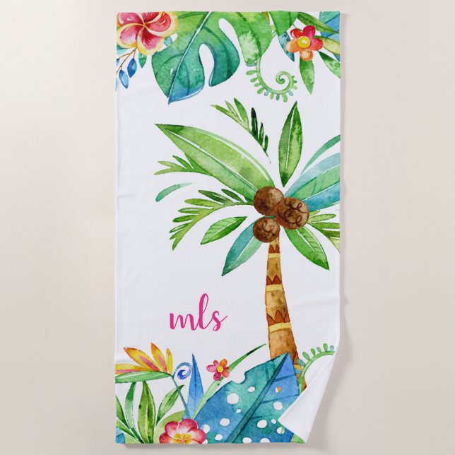 Monogramm tropische, Aquamarin rosa Palmblättrige  Strandtuch (Vorderseite)