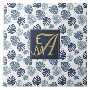 Monogramm Tropische Palme Navy Blau Gold Hochzeit Fliese