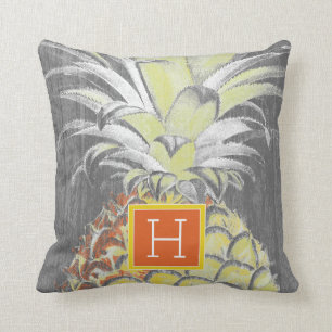 Monogramm   tropisches gelbes Pinneapple auf Grau Kissen