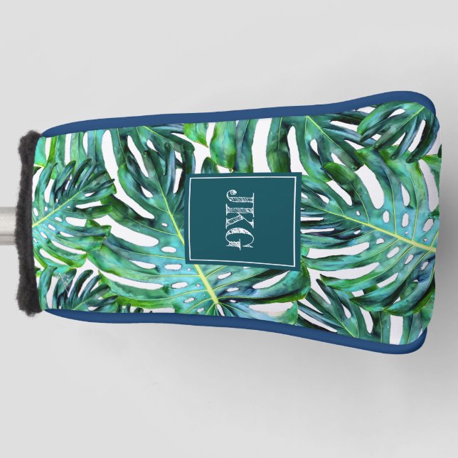Monogramm-tropisches Grün kopieren Monstera Blatt Golf Headcover (Vorderseite)