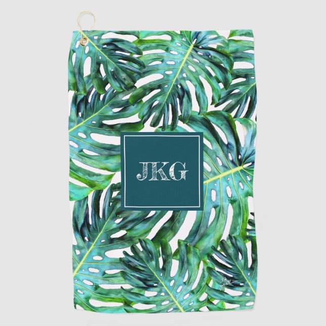 Monogramm-tropisches Grün kopieren Monstera Blatt Golfhandtuch (Vorderseite)