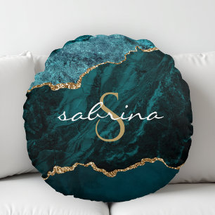 Monogramm Türkis Blau Gold Achat Geode Rundes Kissen