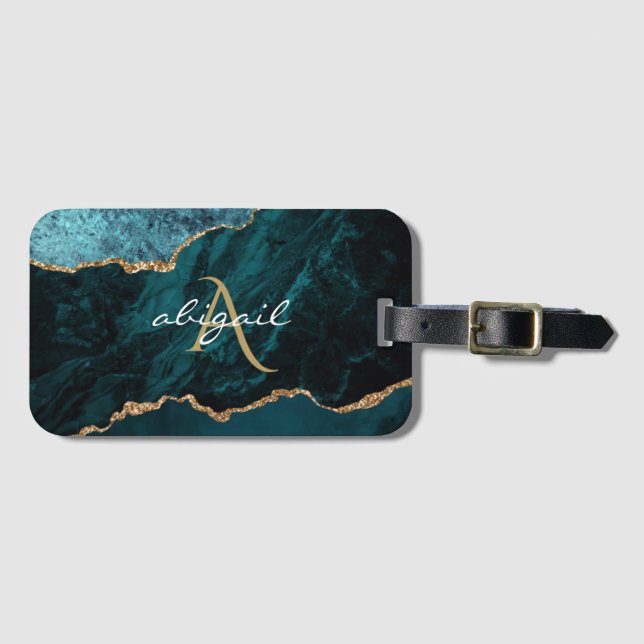 Monogramm Türkis Gold Achat Geode Gepäckanhänger (Vorderseite (Horizontal))