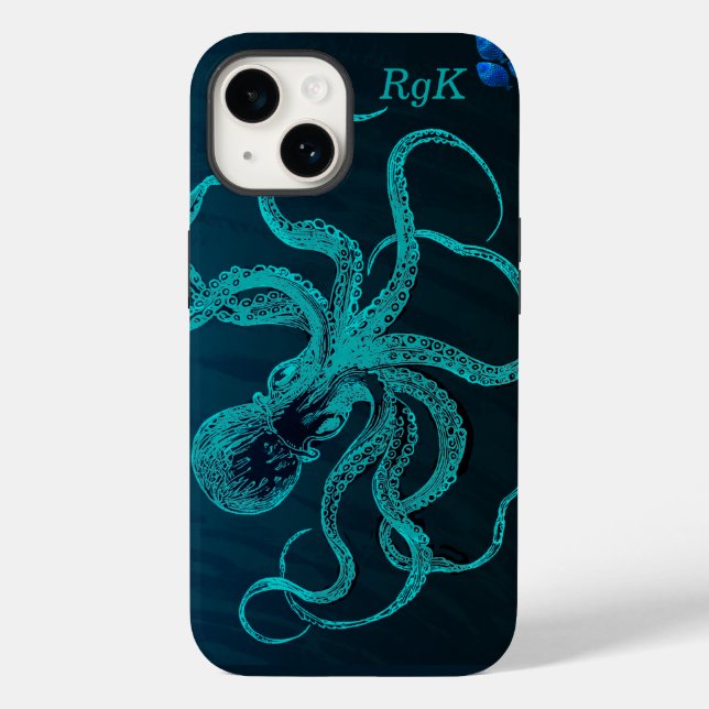 Monogramm Türkis und Blauer Kraken Case-Mate iPhone 14 Hülle (Rückseite)