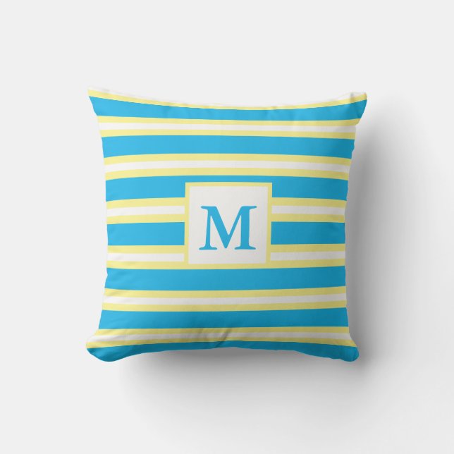 Monogramm Türkisblaue Streifen Kissen (Vorderseite)