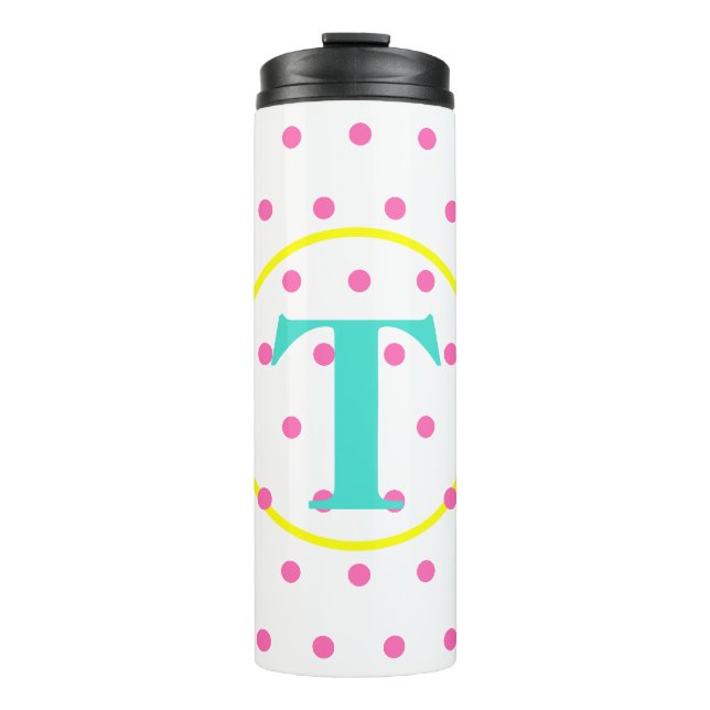 Monogramm Türkisfarbene rosa Punkte Thermosbecher (Vorderseite)