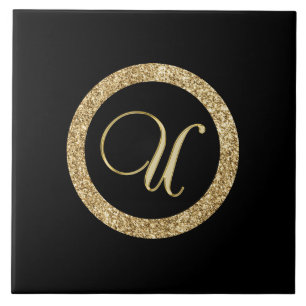 Monogramm U, Gold auf Mitternachtsschwarz, Fliese