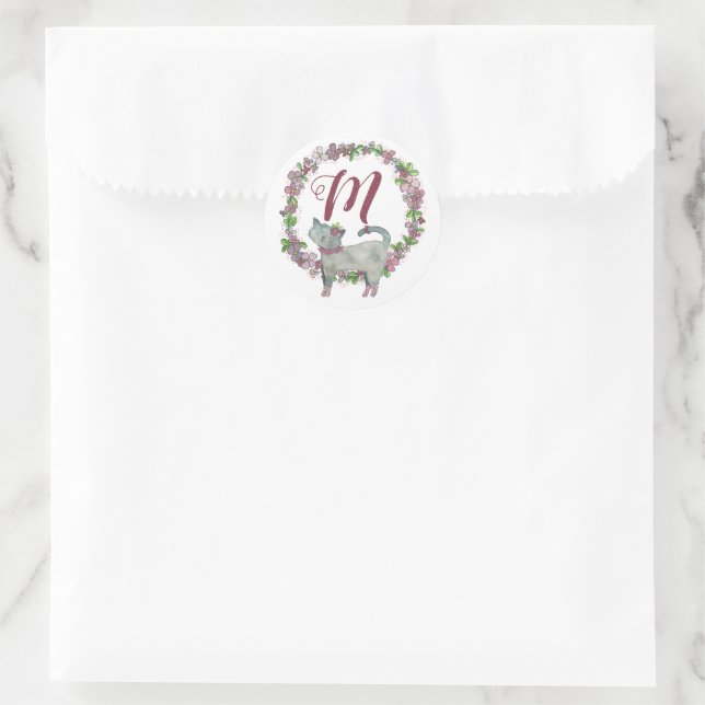 Monogramm-Umschlag für die graue Katze Runder Aufkleber (Tasche)