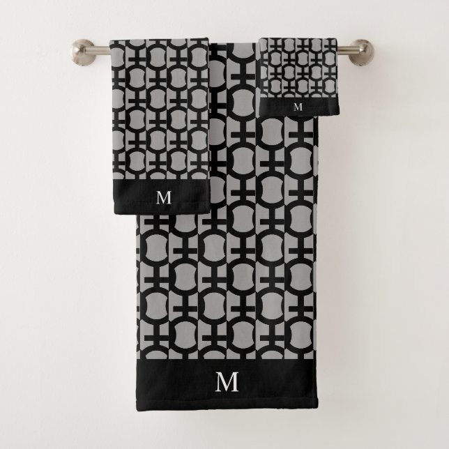 Monogramm und Abstrakte schwarze Kreise auf Grau Badhandtuch Set (Insitu)