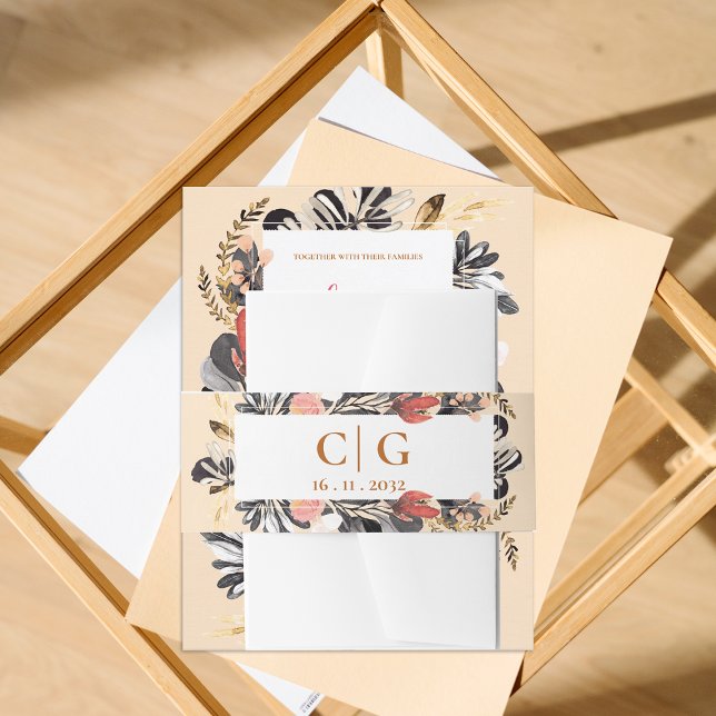 Monogramm und Datum Blush und Schwarze Bläschen Ho Einladungsbanderole (Monogram & Date Blush and Black Floral Wedding Invitation Belly Band)