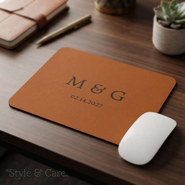 Monogramm und Datum Luxus-Kupferlederstruktur Mousepad (Monogram and Date Luxury Copper Leather Texture Mouse Pad)