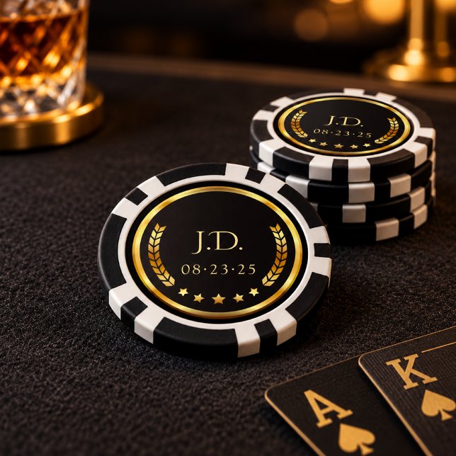 Monogramm und Datum Schwarz Gold Lorbeerkranz Pokerchips (Von Creator hochgeladen)