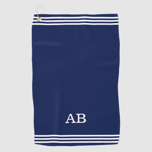 Monogramm und drei Streifen auf navy Blue Golf Han Golfhandtuch (Vorderseite)