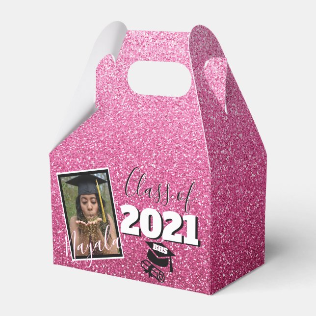 Monogramm und Foto Abschluss Pink Ombre Glitzer Geschenkschachtel (Vorderseite)