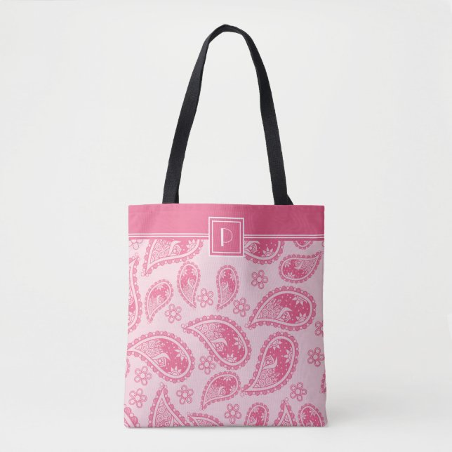 Monogramm und Ihr Name auf rosa Paisley-Muster Tasche (Vorderseite)
