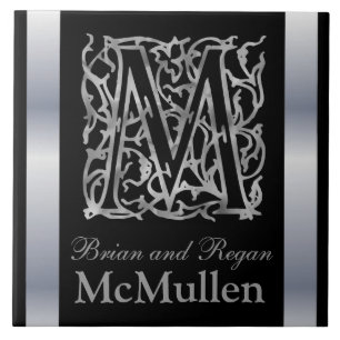 Monogramm und Name "Besque on Black" Keramik Tile Fliese