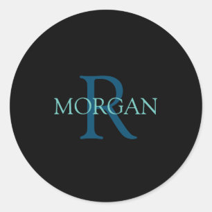 Monogramm und Name, blau und Aquamarin Runder Aufkleber
