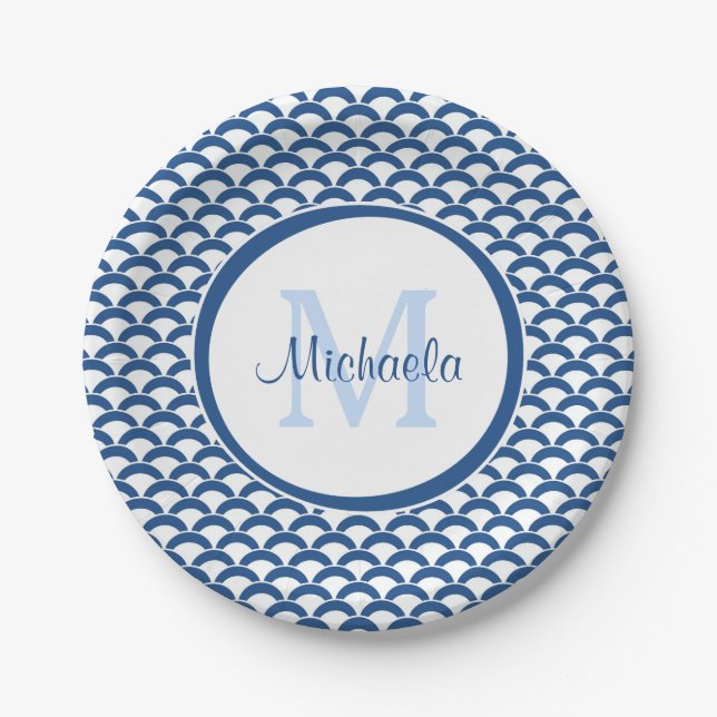 Monogramm und Name der modernen blauen und weißen  Pappteller (Vorderseite)