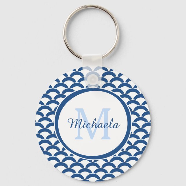 Monogramm und Name der modernen blauen und weißen  Schlüsselanhänger (Vorderseite)