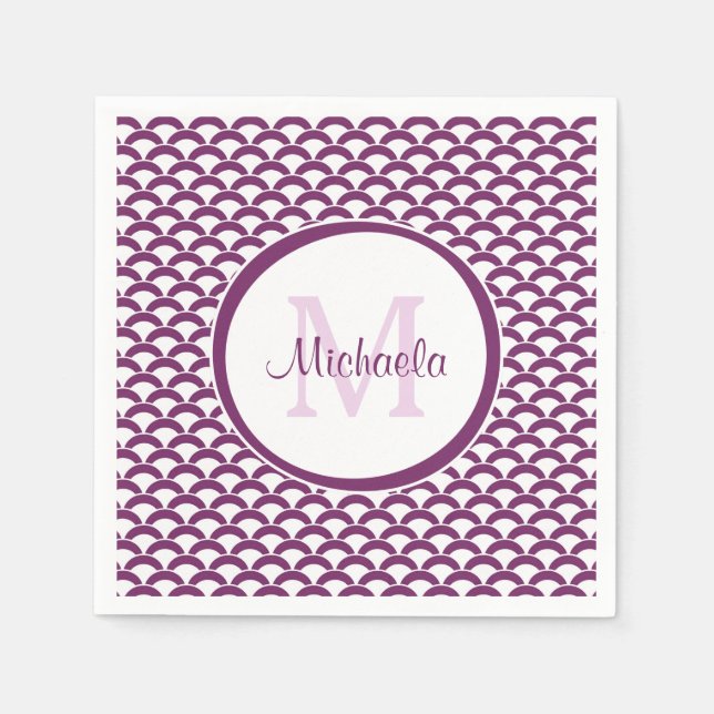 Monogramm und Name der modernen Lila und weißen Sc Serviette (Vorderseite)