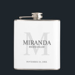Monogramm und Name der personalisierten Bridesmaid Flachmann<br><div class="desc">Fügen Sie Ihrer Hochzeit eine persönliche Touch mit dem Monogramm und dem Namensgeschenk der personalisierten Brautjungfrau hinzu. Dieses Design zeichnet sich durch den Namen der personalisierten Brautjungfrau aus, mit dem Titel und dem Hochzeitstermin in Grau und Monogramm in hellgrau als Hintergrund, im klassischen Serif-Schriftart-Stil, auf weißem Hintergrund. Auch perfekt für...</div>