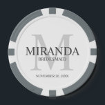Monogramm und Name der personalisierten Bridesmaid Pokerchips<br><div class="desc">Fügen Sie Ihrer Hochzeit eine persönliche Touch mit dem Monogramm und dem Namensgeschenk der personalisierten Brautjungfrau hinzu. Dieses Design zeichnet sich durch den Namen der personalisierten Brautjungfrau aus, mit dem Titel und dem Hochzeitstermin in Grau und Monogramm in hellgrau als Hintergrund, im klassischen Serif-Schriftart-Stil, auf weißem Hintergrund. Auch perfekt für...</div>