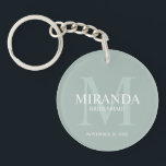 Monogramm und Name der personalisierten Bridesmaid Schlüsselanhänger<br><div class="desc">Fügen Sie Ihrer Hochzeit eine persönliche Touch mit dem Monogramm und dem Namensgeschenk der personalisierten Brautjungfrau hinzu. Dieses Design zeichnet sich durch den Namen der personalisierten Brautjungfrau aus, mit dem Titel und dem Hochzeitstermin in Weiß und Monogramm in Weiß als Hintergrund, im klassischen Serif-Schriftart-Stil, auf dem grünen Weiß. Auch perfekt...</div>