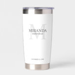 Monogramm und Name der personalisierten Bridesmaid Thermobecher<br><div class="desc">Fügen Sie Ihrer Hochzeit eine persönliche Touch mit dem Monogramm und dem Namensgeschenk der personalisierten Brautjungfrau hinzu. Dieses Design zeichnet sich durch den Namen der personalisierten Brautjungfrau aus, mit dem Titel und dem Hochzeitstermin in Grau und Monogramm in hellgrau als Hintergrund, im klassischen Serif-Schriftart-Stil, auf weißem Hintergrund. Auch perfekt für...</div>