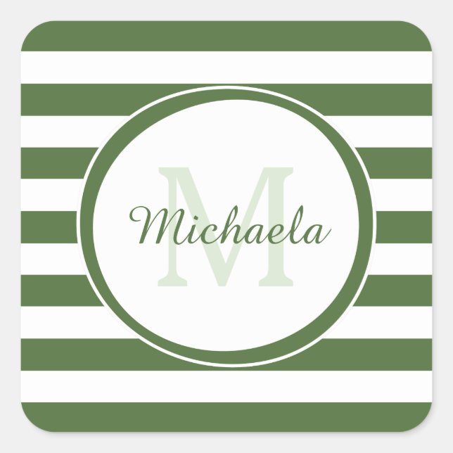 Monogramm und Name der trendy dunkelgrünen Markier Quadratischer Aufkleber (Vorderseite)