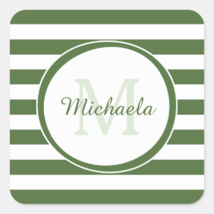 Monogramm und Name der trendy dunkelgrünen Markier Quadratischer Aufkleber