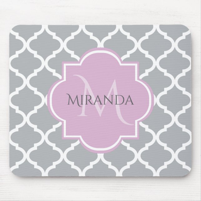 Monogramm und Name des Girly Grey Quatrefolie Lave Mousepad (Vorne)