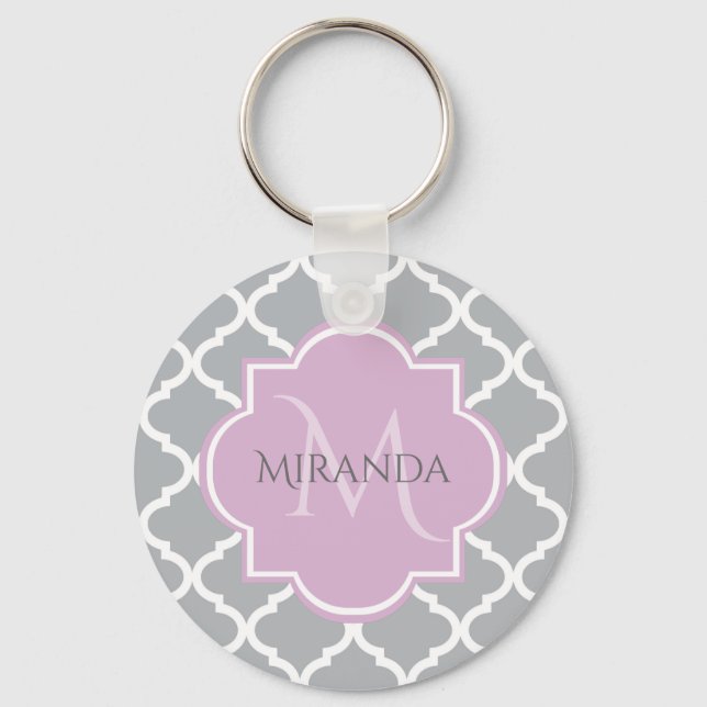 Monogramm und Name des Girly Grey Quatrefolie Lave Schlüsselanhänger (Vorderseite)