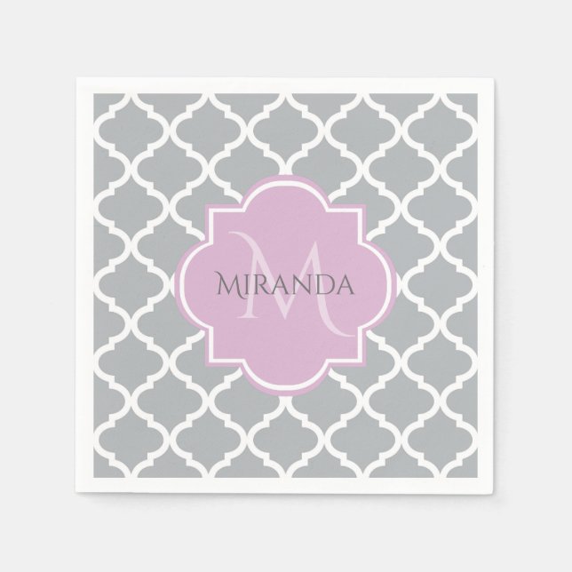 Monogramm und Name des Girly Grey Quatrefolie Lave Serviette (Vorderseite)