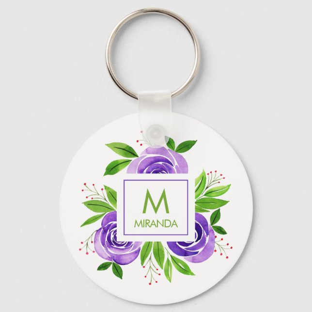 Monogramm und Name Floral Custom Schlüsselanhänger (Vorderseite)