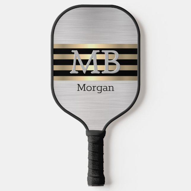Monogramm und Name, Gold/schwarze Streifen, silber Pickleball Schläger (Vorderseite)