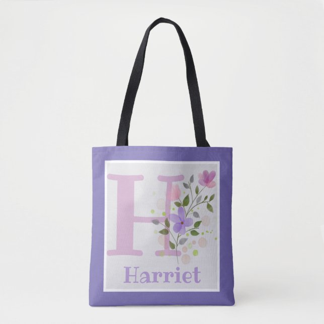 Monogramm und Name Harriet mit Blume Tasche (Vorderseite)