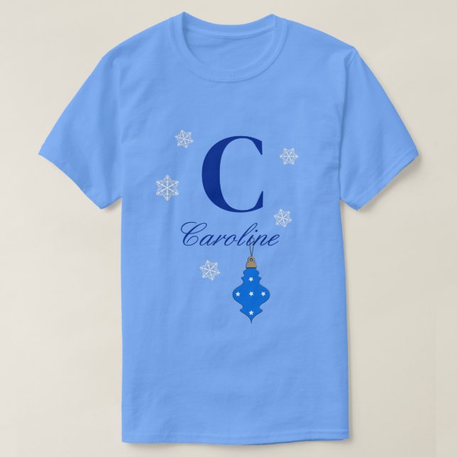 Monogramm und Name mit blauem Ornament T-Shirt (Design vorne)