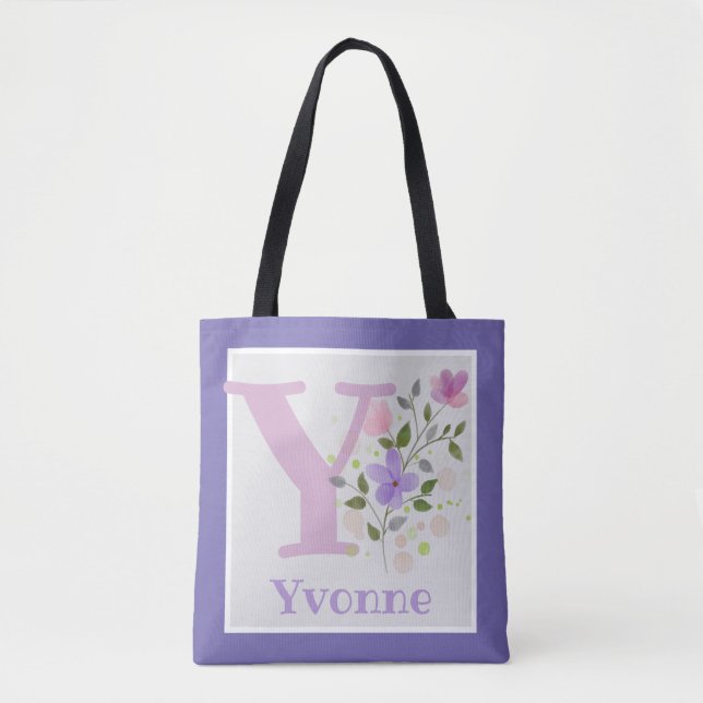 Monogramm und Name mit Blume Tasche (Vorderseite)