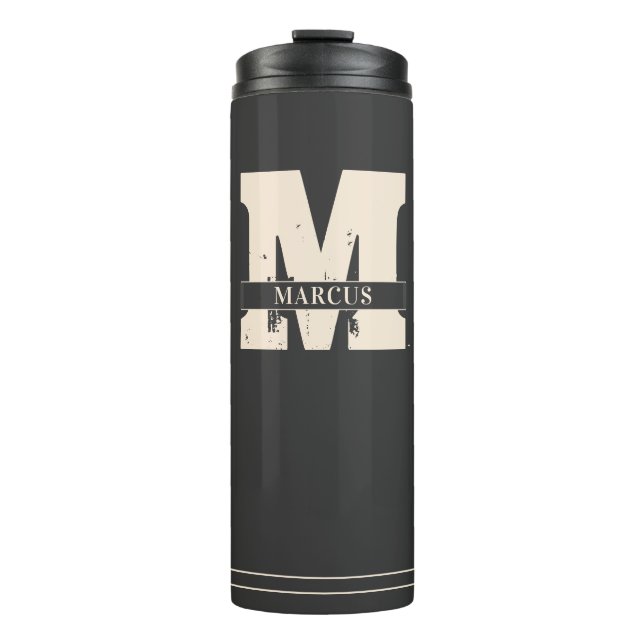 Monogramm und Name Moderner Dunkler Grau Mann Thermosbecher (Vorderseite)
