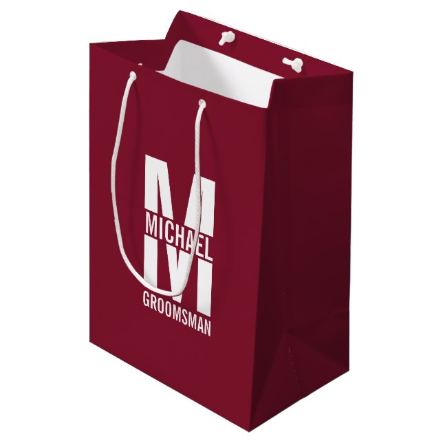 Monogramm und Name moderner Personalisierter Trauz Mittlere Geschenktüte (Vorderseite Schrägansicht)