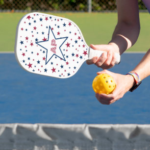 Monogramm und Name Rot und Blau Sterne Pickleball Schläger