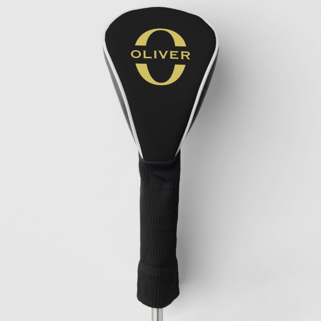 Monogramm und Name Schwarz und Gold Personalisiert Golf Headcover (Vorderseite)