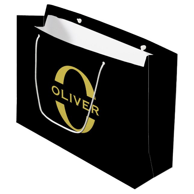 Monogramm und Name Schwarz und Gold Personalisiert Große Geschenktüte (Vorderseite Schrägansicht)