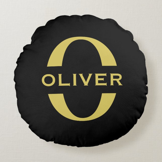 Monogramm und Name Schwarz und Gold Personalisiert Rundes Kissen (Vorderseite)