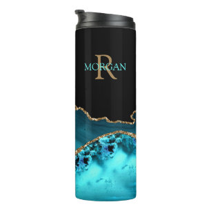 Monogramm und Name, Schwarzes Gold und Aquamarine  Thermosbecher