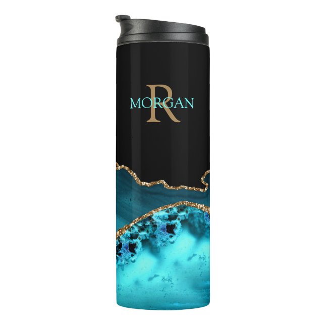 Monogramm und Name, Schwarzes Gold und Aquamarine  Thermosbecher (Nach rechts gedreht)