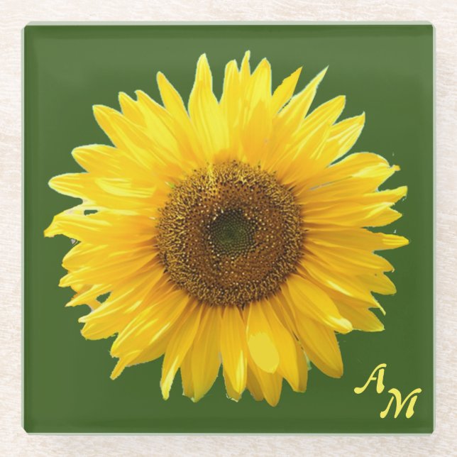 Monogramm und schöne Sonnenblumen auf grünem Wald Glasuntersetzer (Vorderseite)